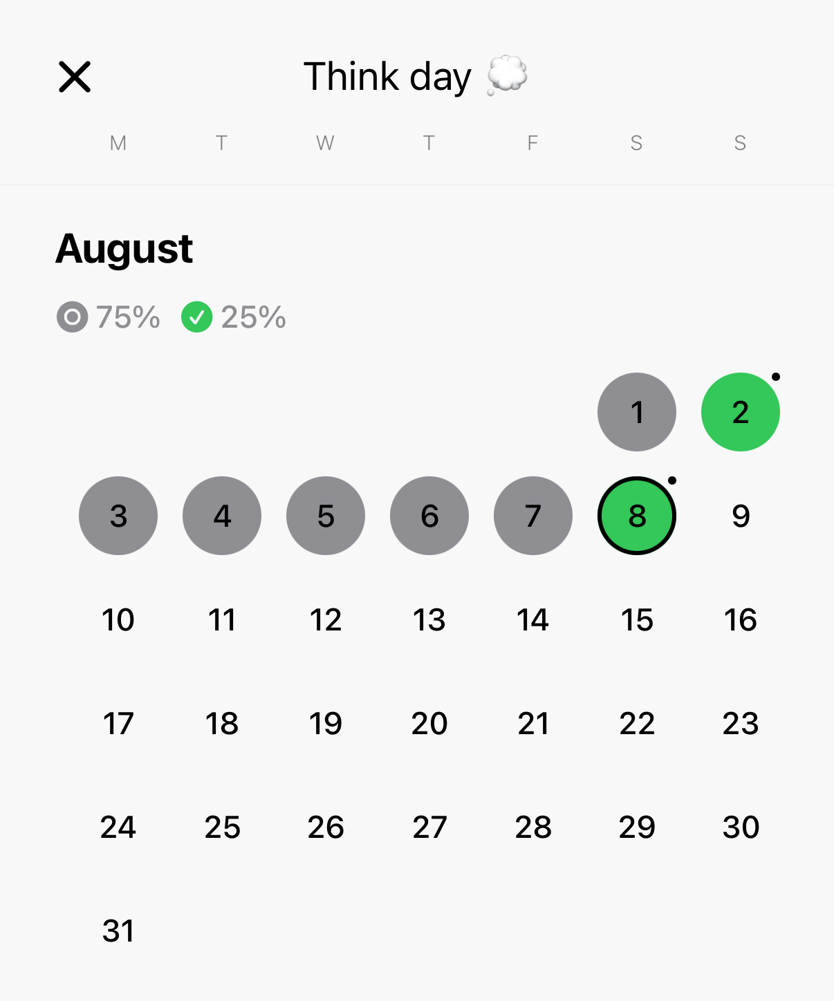 Habit calendar for Think day in light mode